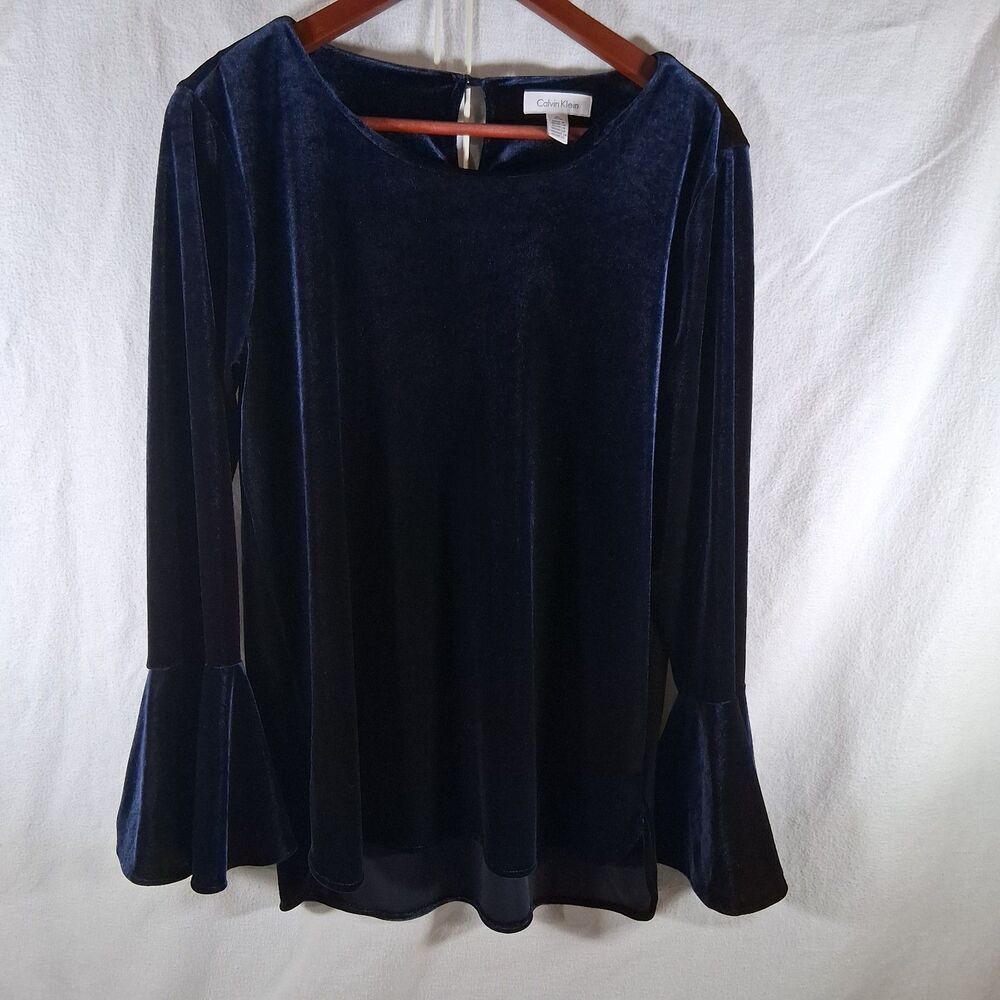 Calvin Klein Blue Velvet Bell Sleeve Top Blouse Keyhole Back Women's Medium M